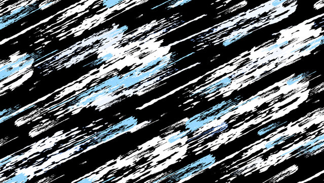 Abstract dynamic background with white and blue heterogeneous spots flying quickly at an angle to the black background. Copy space. Illustration.