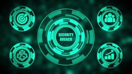 Cyber security breach alert system with glowing green interfaces and warning signs on a dark background - Powered by Adobe