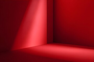 A beam of light illuminates the corner of a minimal red room.