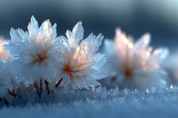 Delicate frost flowers glow softly in the cold morning light on a frozen surface.