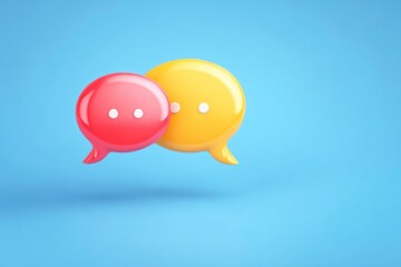 A vibrant 3D rendering showcases two glossy, colorful speech bubbles, one in brilliant red and the other in sunny yellow, floating gracefully against a clean, bright blue background. Each bubble featu