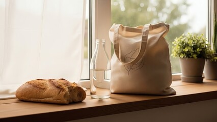 Natural Still Life of Bread, Water Bottle, Tote Bag and Plant on Window Sill
