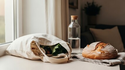 Minimalist Food Still Life with Bread, Produce, and Water Bottle