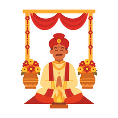 Indian Groom in Traditional Attire Under Wedding Mandap with Havan Illustration