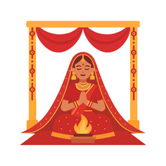 Indian Bride in Traditional Red Lehenga Under Wedding Mandap with Havan Illustration