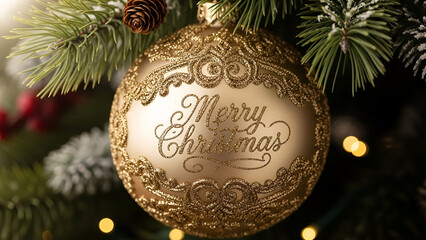 Festive golden christmas ornament with intricate glitter details and pine branches for winter