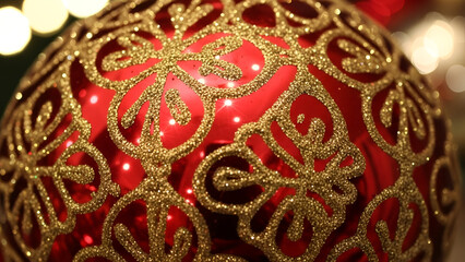 Festive holiday cheer a detailed view of red bauble with golden glittery design patterns