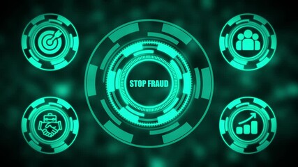Cyber security concept with stop fraud text on futuristic green interface screen with circular indicators - Powered by Adobe