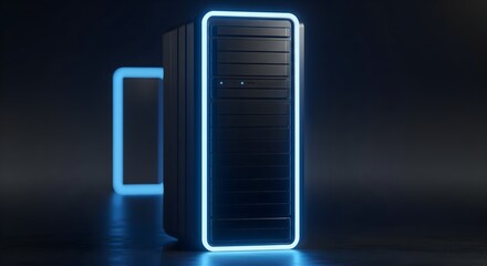 Black server rack with glowing blue neon light lines standing in a dark data center environment, representing high-speed computing and storage.