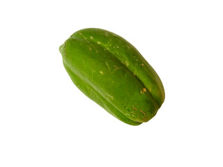 Vibrant green papaya with a smooth yet wrinkled surface, vertical ridge, and pear like shape, ideal for culinary use and botanical reference.