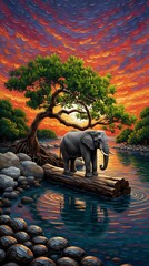 Elephant standing on a wooden log in water 