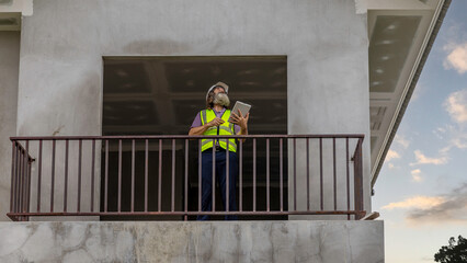 Experienced bearded construction foreman uses a digital tablet inside a new house, checking plans and managing the modern building project with confidence, precision and smart technology