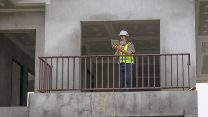 Experienced bearded construction foreman uses a digital tablet inside a new house, checking plans and managing the modern building project with confidence, precision and smart technology