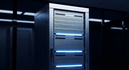 Server rack in dark data center illuminated by blue lights, representing cloud computing and network infrastructure.