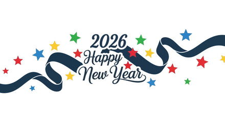 Fototapeta premium Colorful new year celebration banner featuring stars ribbons and the year two thousand twenty six