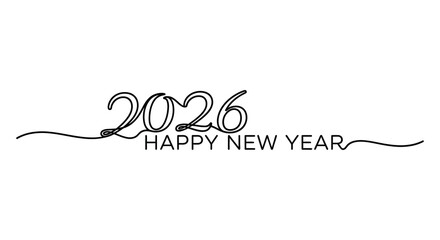 A delicate hand drawn design displaying 2026 happy new year with elegant swirling lines and typography © nhpvect02