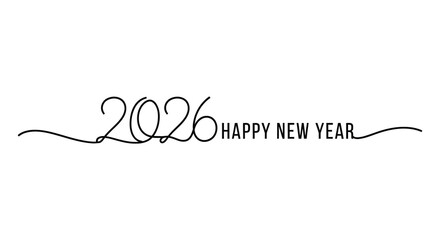 Elegant black and white linear design featuring the year 2026 and a happy new year message