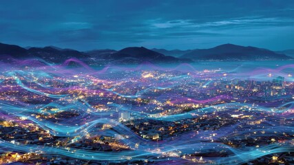 Futuristic cityscape at night with digital data flow over urban landscape and mountains, 4k high quality footage - Powered by Adobe