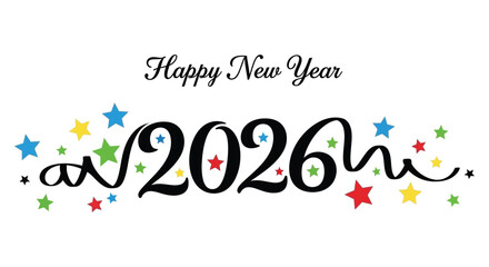 A festive new year illustration featuring colorful stars and a swirling bold 2026 design