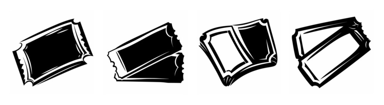 Four abstract ticket stubs with black ink sketchy lines representing entry passes