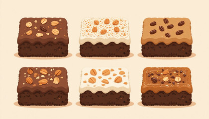 Fototapeta premium A set of flat colored chocolate brownie cake illustrations on a plain background