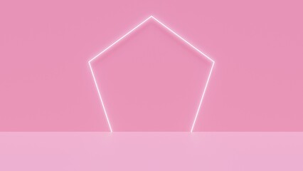 五角形のLEDフレームが光るピンクのステージ背景素材。奥行のあるスタジオの部屋のCGイラスト