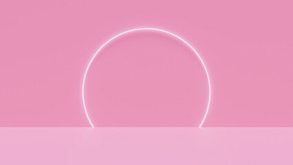 円状のLEDフレームが光るピンクのステージ背景素材。奥行のあるスタジオの部屋のCGイラスト