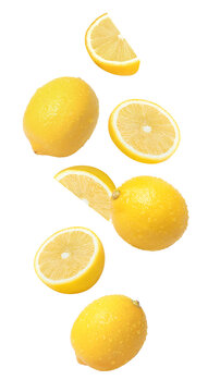 Lemon with lemon slices on white background.
