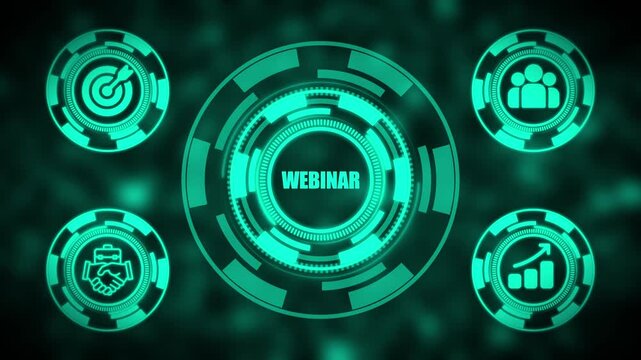 Futuristic Green Webinar Interface with Glowing Neon Circles and online meeting virtual event - Powered by Adobe