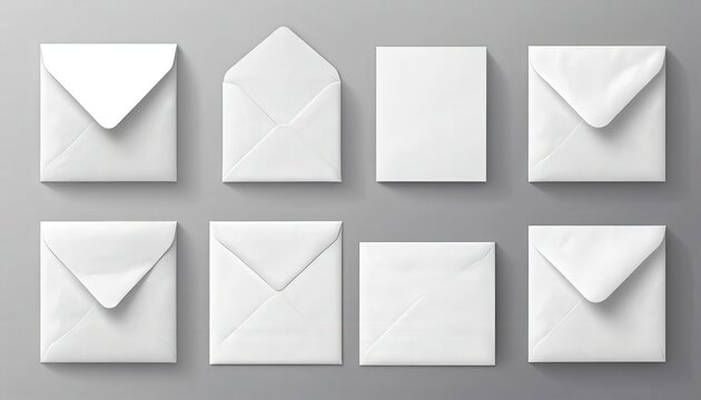 Collection of Various White Envelopes and Blank Cards on a Gray Background