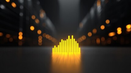 Glowing Yellow Sound Wave Visualization in a Data Center Setting with Shelves and Lights in Background, Symbolizing Modern Technology and Digital Trends