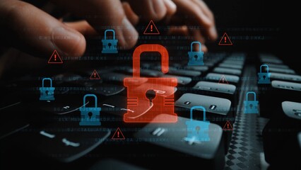 Digital security concept illustrating a cybersecurity breach, with a red unlocked padlock indicating data exposure among secure systems, emphasizing system vulnerability and risk Marrow