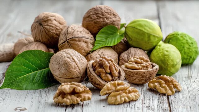 Assortment of walnuts in shell and shelled kernels with green husks and leaves on rustic white wood, 4k high quality footage