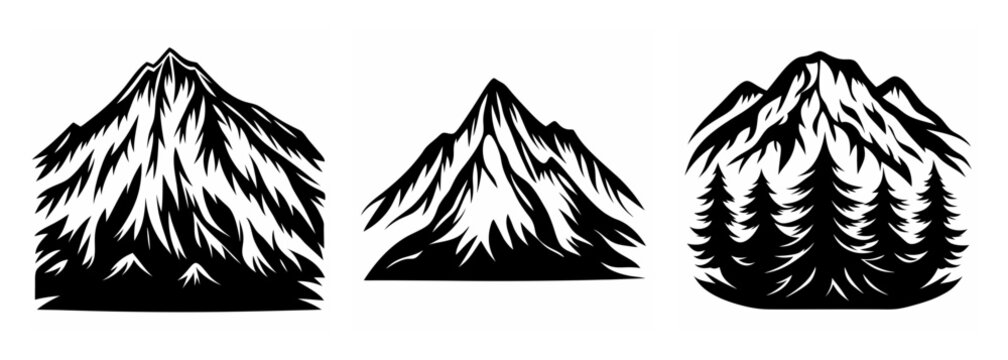 Rugged mountain peaks and evergreen forest scene silhouette designs for outdoor adventures