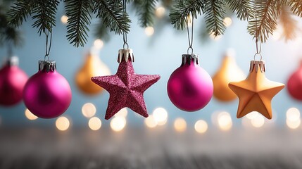 Snowy starry backdrop Christmas tree in colorful ornaments, soft-blue grade with copy space, ideal for airline magazine, hotel holiday menu, phone wallpaper