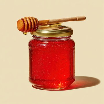 A jar of sparkling red honey with a wooden dipper rests on a warm yellow surface.
