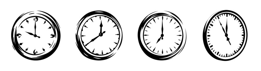 Four vintage analog wall clocks showing different times with roman numerals and hand-drawn details capturing timeless appeal