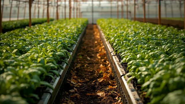 Parallel rows of young green plants growing inside agricultural greenhouse with soil pathway