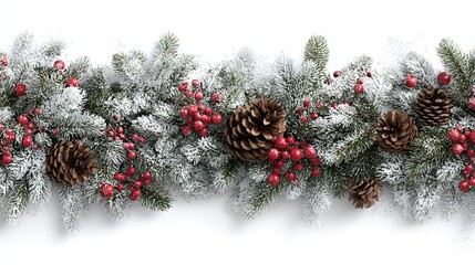 Flocked christmas garland with vibrant red berries and natural pinecones on white backdrop