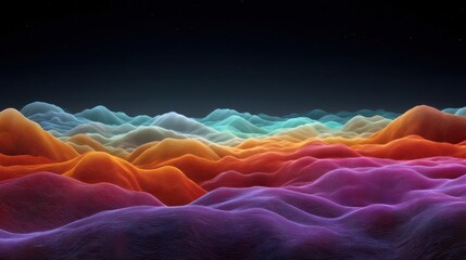 Abstract digital landscape featuring smooth, flowing waves in vibrant colors like orange, blue, pink, and teal against a dark, starry background