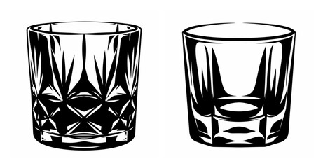 Two clear glasses for whiskey or spirits showcasing distinct cut patterns and faceted bases for drinking