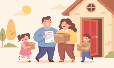 A cartoon family carrying boxes and a mortgage loan document moving into a house with a red door on a sunny day.
