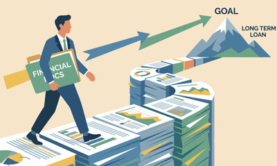 Illustration of a businessman walking on papers with financial goals and mortgage loan concept in a stylized scene.
