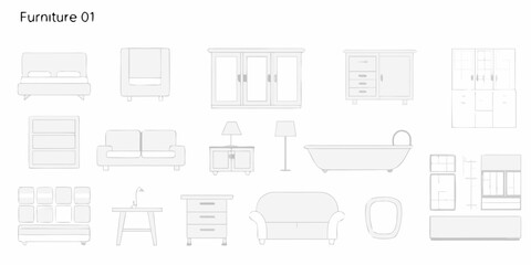 Collection of furniture items in a minimalist line art style illustration