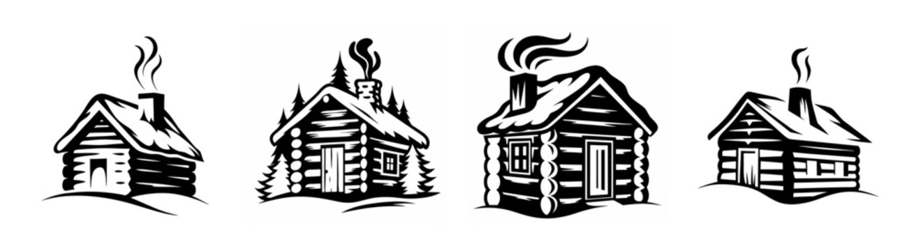 Rustic log cabins with smoke wisps four distinct designs for a cozy winter scene