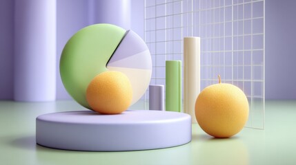Colorful 3D mockup of pie chart, bar graph, and orange fruits on a pastel background representing data analysis and market statistics concepts