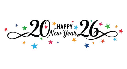 A festive graphic displays happy new year 2026 with stars and elegant calligraphy
