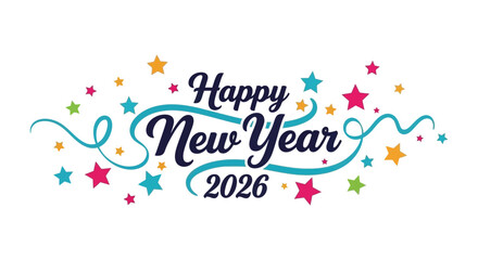 Colorful new year greeting with stars and swirls featuring the year 2026 prominently displayed © nhpvect02