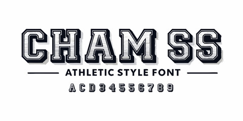 Obraz premium Displaying a bold athletic style font with the text cham ss and sample characters