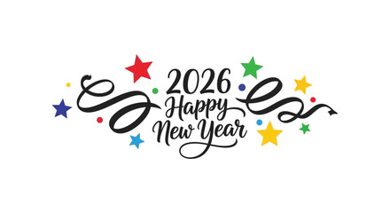 Festive new year design featuring the year 2026 stars swirls and cheerful handwritten typography © nhpvect02